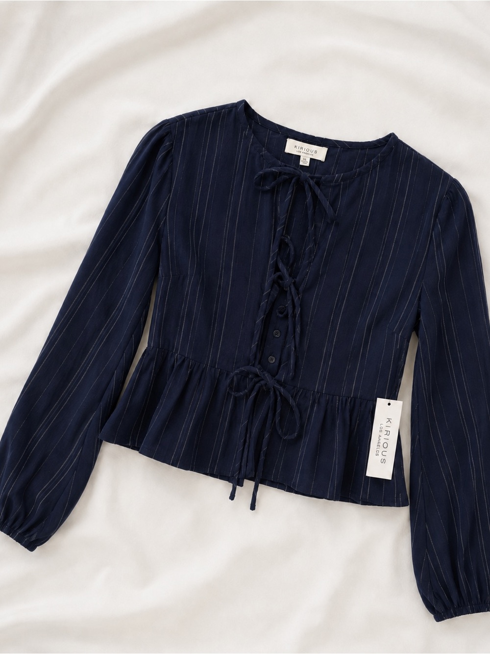 Kirious Navy Pinstripe Tie-Front Peplum Blouse Fits like Medium and Large - Picture 6 of 6